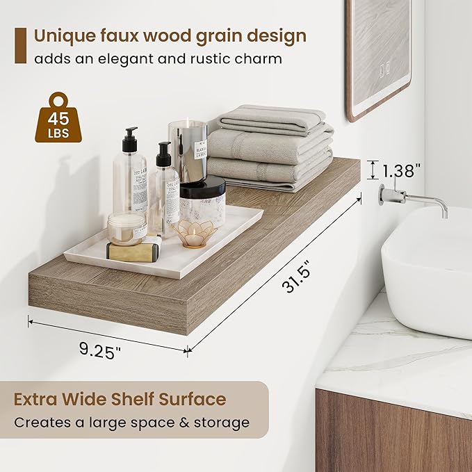 32in Floating Shelves for Wall, 32"W x 9.25"D x 1.25"H, 2 Pack Long Wall Mounted Engineered Wood Shelves with Invisible Brackets for Living Room, Bedroom, Bathroom, Kitchen Decor and Storage, Grey