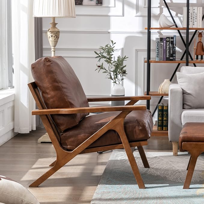 chairus Mid-Century Modern Brown Faux Leather Accent Chair, Comfy Upholstered Lounge Armchair with Removable Cushions & Solid Wood Frame, Retro Fabric Reading Chair for Living Room Bedroom Office