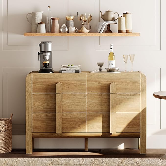 WAMPAT 47.2" W Buffet Cabinet with 6 Drawers, Modern Sideboard Buffet Cabinet with Storage, Buffet Table Coffee Bar Wine Bar Storage Cabinet for Dining Room, Living Room, Hallway, Light Walnut