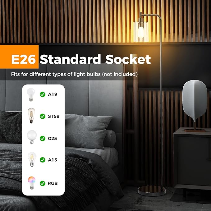 Tangkula Industrial Floor Lamp, Modern Standing Lamp with Hanging Glass Lampshade & Foot Switch, Tall Pole Light with E26 Standard Base for Living Room, Bedroom & Office (Black, 1-Light)
