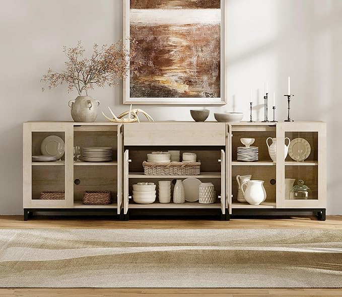 WAMPAT 3 in 1 Modern Sideboard with Adjustable Shelves and Drawer,Storage Cabinet with Glass Doors, Coffee Bar Cabinet for Living Room, Kitchen, Light Oak