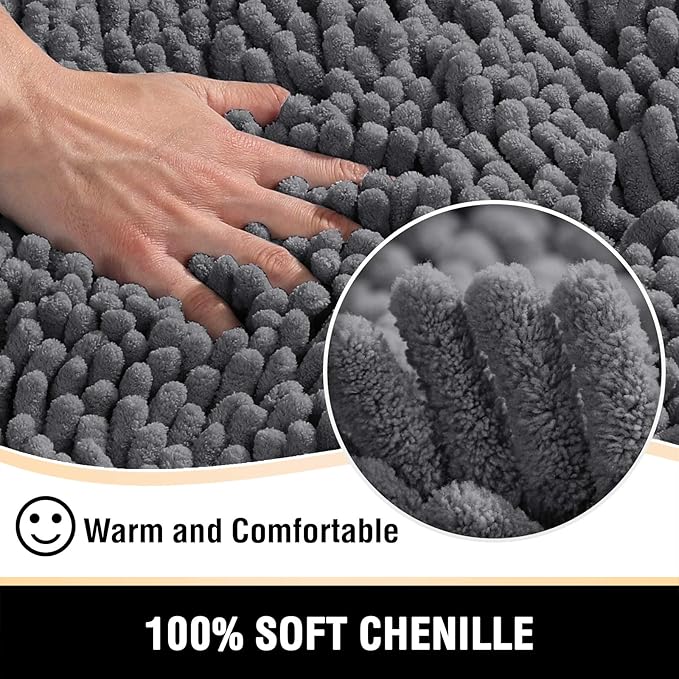 H.VERSAILTEX Toilet Mat U Shaped Bathroom Rugs Bath Mats for Bathroom Non Slip Luxury Chenille Bath Mat U Shape 20x24 Extra Soft and Absorbent Shaggy Rugs Washable Dry Fast - Grey