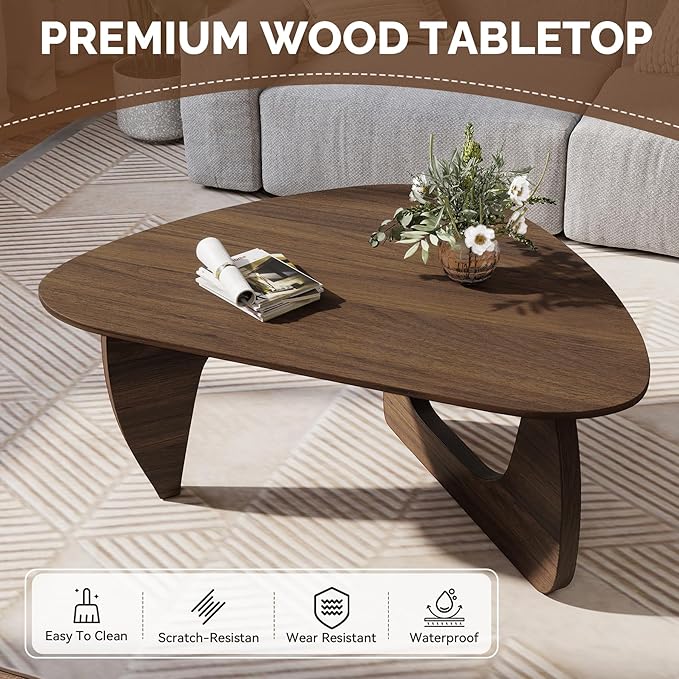 Modern Wood Coffee Table, Triangle Center Table with Premium Wooden Top& Unique Base, 42.5” Small Mid Century Tea Tables for Living Room, Apartment, Office,Walnut