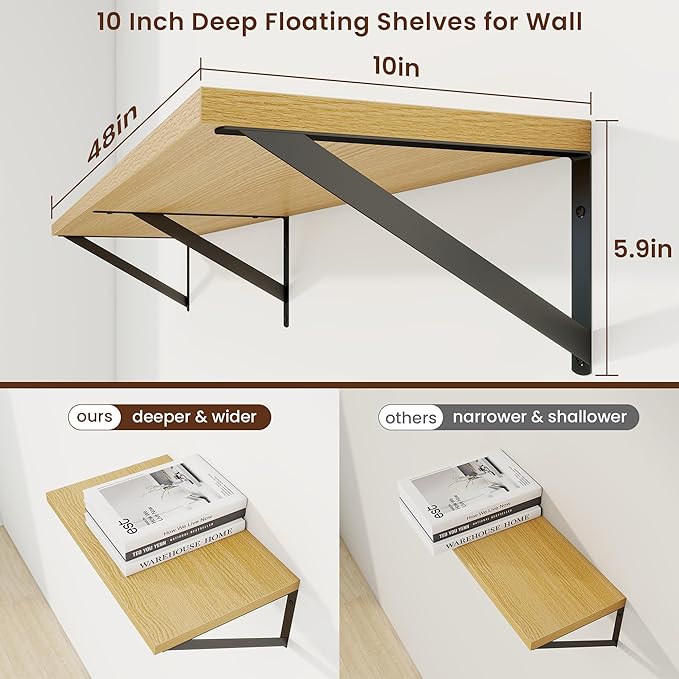 Axeman 48 Inch Floating Shelves | 10 Inch Deep Oak Wall Shelves Set of 2 | 48" W x 10" D Oak Floating Shelves for Living Room Bathroom Kitchen