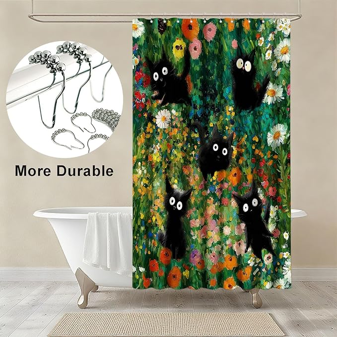 Funny Cats Shower Curtain Boho Vintage Flowers Shower Curtains for Bathroom Waterproof Fabric Bath Curtain Decor with Hooks