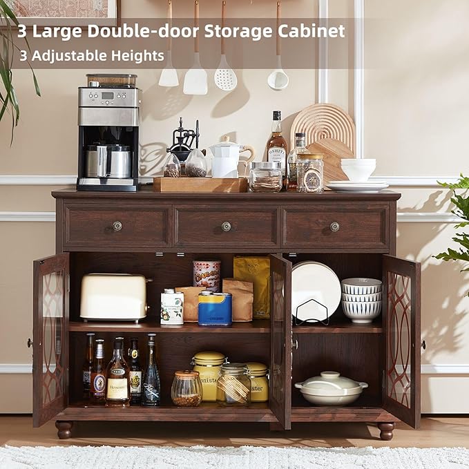 Large Sideboard Buffet Cabinet Set of 2 with Storage,48" Credenza with 3 Glass Doors & 3 Drawers,Adjustable Shelves Coffee Bar,Wood Kitchen Console Table for Dining Room,Walnut