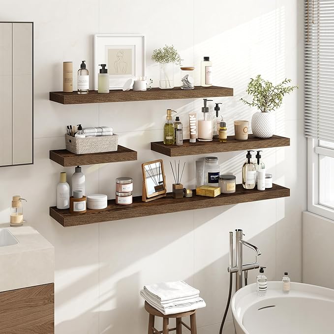 16 Inch Floating Shelves, 16"x9.25"x1.5" Inch Deep Floating Shelves for Wall, Wooden Shelves for Bathroom, Bedroom, Living Room, Brown, 2 Pieces