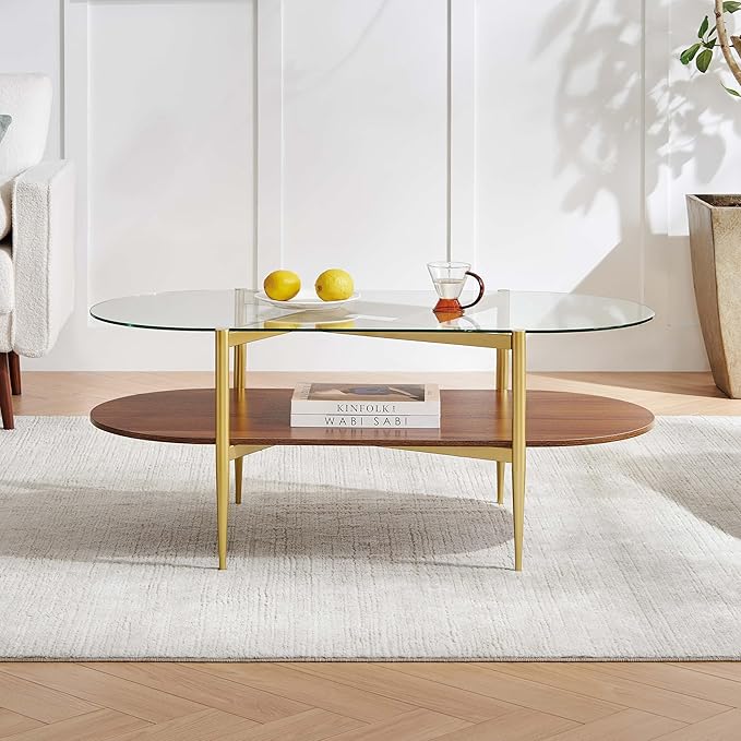 Oval Glass Coffee Table, Mid-Century Modern Design, L42*W22*H17 inch, for Living Room, Clear Glass Top and Walnut Finish Wood Shelf, Conical Metal Legs with Gold Finish
