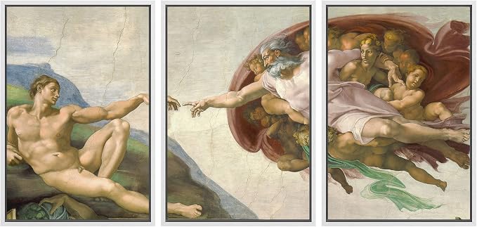 wall26 Framed Canvas Print Wall Art Set Creation of Adam by Michelangelo Cultural Historic Oil Painting Fine Art Reproduction Scenic Colorful for Living Room, Bedroom, Office - 16"x24"x3 White