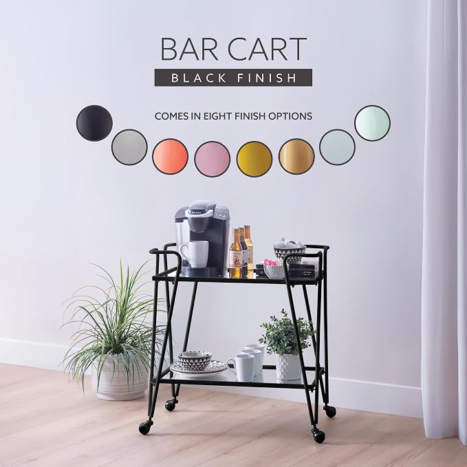 Linon Gina Black Mid Century Bar Cart with Mirrored Shelves