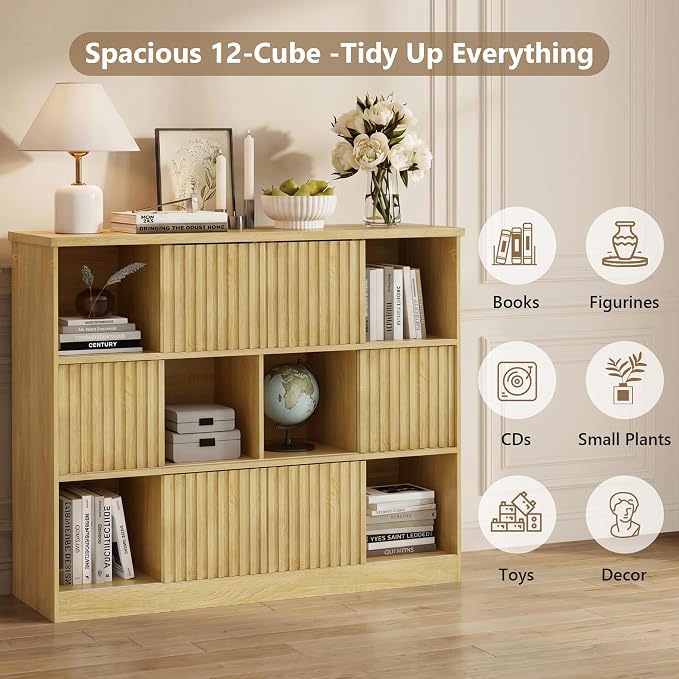 Einhomn 12 Cube Storage Organizer with Sliding Doors, Modern Fluted Bookshelf with Storage Cabinet, Wooden Bookcase with 6 Open Shelves for Living Room, Home Office, Bedroom, Natural