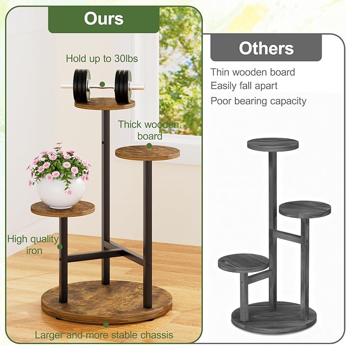 3 Tiers Wood Plant Tables Indoor Plant Stand Tall Metal Wood Plant Shelf Outdoor Indoor Plant Table Rack Tiered Plant Stand Garden Accessories for Living Room Balcony Patio - BlackRound