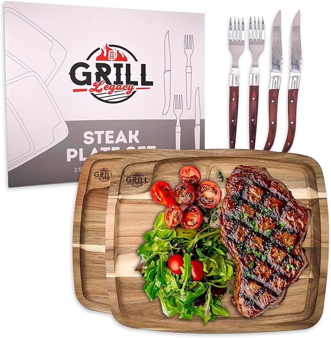 Grill Legacy Wooden Steak Plate Set (2 pack) - Complete Steak Plate for Eating with Premium Steak Knives and Forks - The Ultimate Gift for Steak Lovers.