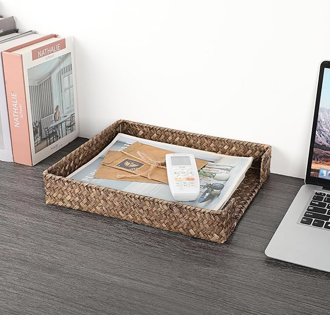 BTSKY Multipurpose A4 File Tray Natural Seagrass Desk Tray Organizer Woven Letter Size Desk Documents Trays Magazine Files Storage Basket Organizer Bin for Office Cosmetics Bathroom, Coffee
