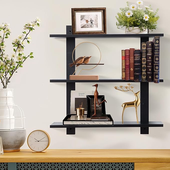 PHOENANCEE 3 Tier Floating Shelves,Long Wall Shelf,Over The Toilet Shelves Bathroom Hanging Display Storage Rustic for Living Room Bedroom Kitchen Office Coffee Bar Decor Decorative,24 Inch,(Black)