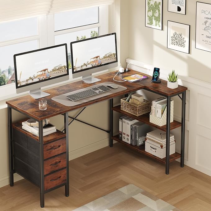 DUMOS L Shaped Desk with Shelf Drawers 55 Inch, Brown Corner Computer Desks Gaming with Power Outlet, Study Table with Adjustable Shelves, Home Office Tables for Bedroom Teacher Reading Writing
