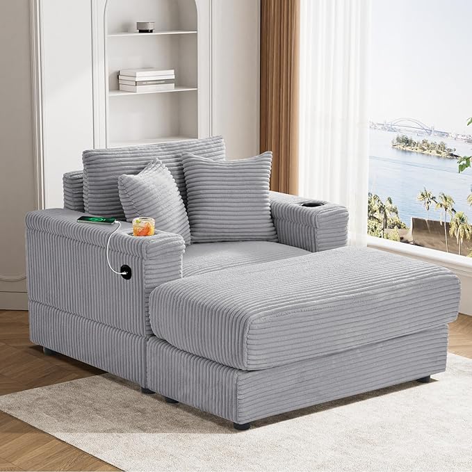 Oversized Chaise Lounge Chair Indoor with USB, Cup Holder & Ottoman, Firm Solid Wood Frame with Long Service Life Corduroy Oversized Lounge Reading Chair for Study Room - Grey