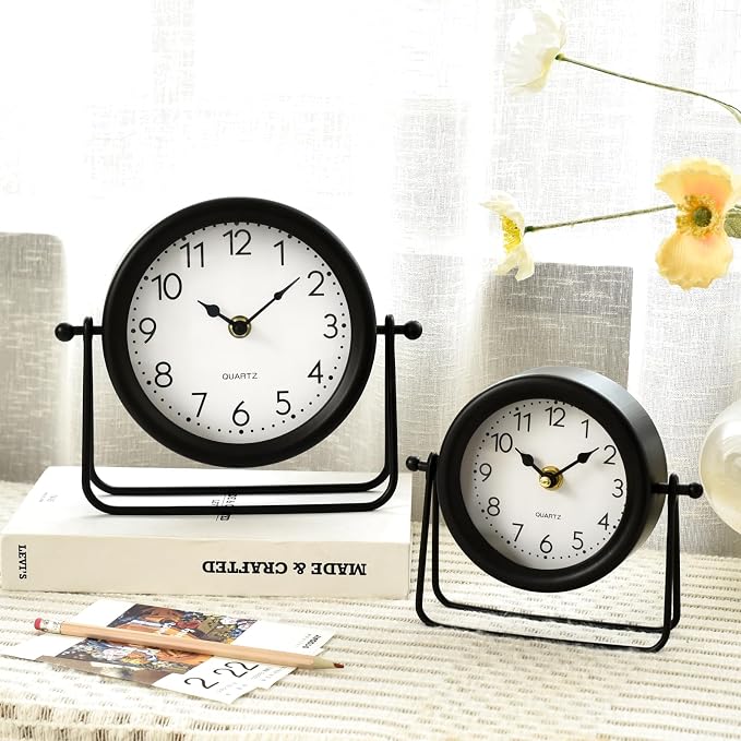 EMAX HOME Small Black Desk and Shelf Clock, 5.9*6.9 Inch Retro Elegant Tabletop Clock with Glass Cover, Silent Non-Ticking Battery Operated Decorative Clock for Living Room, Office, Bedroom, Gift Idea
