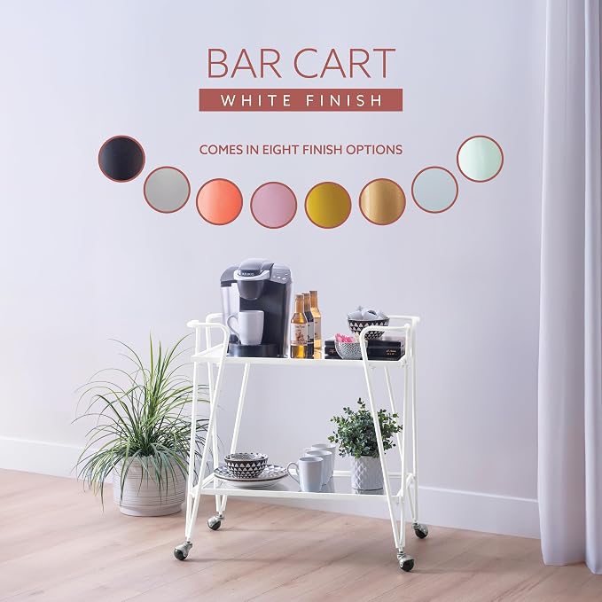 Linon Gina White Mid-Century Bar Cart with Mirrored Shelves and Locking Wheels