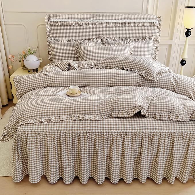 mixinni Tan Gingham Ruffle Duvet Cover Full Size 3 Pieces – 100% Washed Cotton, Vintage Plaid Ruffled Bedding Set with Zipper Ties, Soft Cream Checkered Grid Farmhouse Chic Comforter Cover Set