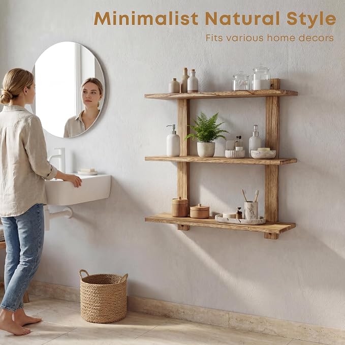 PHOENANCEE 3 Tier Floating Shelves,Long Wall Shelf,Over The Toilet Shelves Bathroom Hanging Display Storage Rustic for Living Room Bedroom Kitchen Office Coffee Bar Decor Decorative,24 Inch