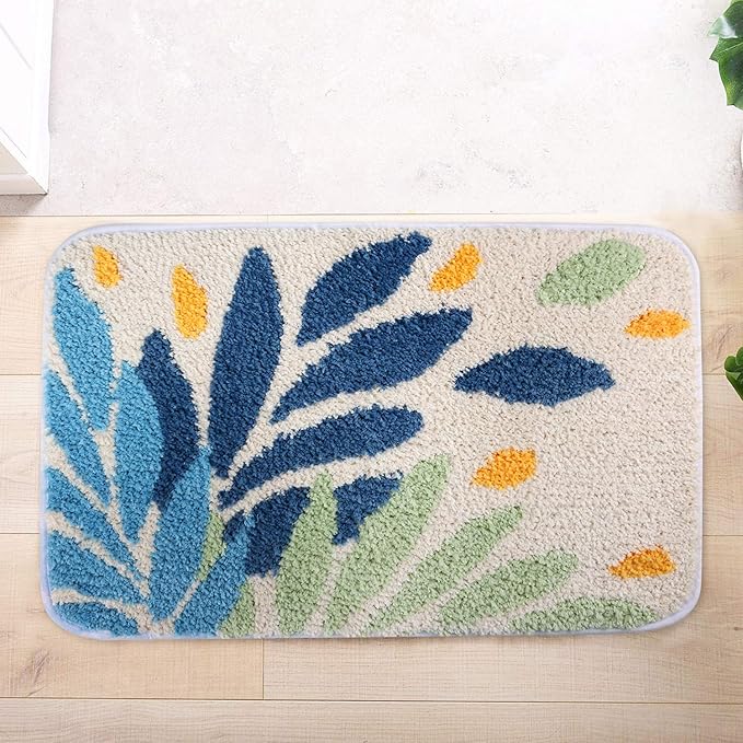 Hi Space Bathroom Rugs 24x16IN Blue Leaves Bath Mat for Bathroom Non Slip Machine Washable Soft Microfiber Absorbent Cute Bath Rug Plush for Tub Shower Sink Fluffy Home Decor Accessories