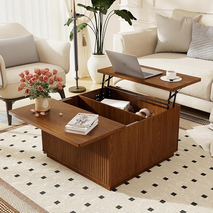 Lift Top Coffee Table with Storage,Fluted Square Center Table with Large Hidden Space,31.5" Coffee Table with Lifting Top,Center Table for Living Room,Brown