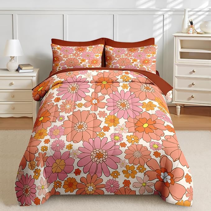 Nesker 7 Pcs Comforter Set Queen Size, Retro Vintage Pink Bedding Set for Kids and Adults, Orange Floral Flower Sheets Bed Sheet Sets with Fitted Sheet 2 Pillowcases & 2 Shams