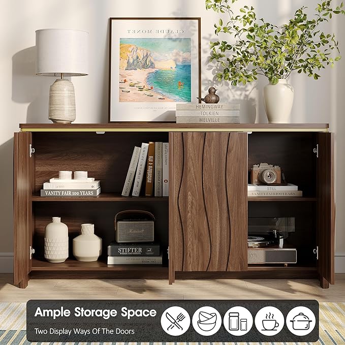 Vabches Fluted Buffet Cabinet with Storage, 3D Ripple Pattern Doors and Curved Edges, Modern Sideboard for Kitchen, Entryway, 4 Doors & Adjustable Shelf, Walnut Wood, 57.9" W