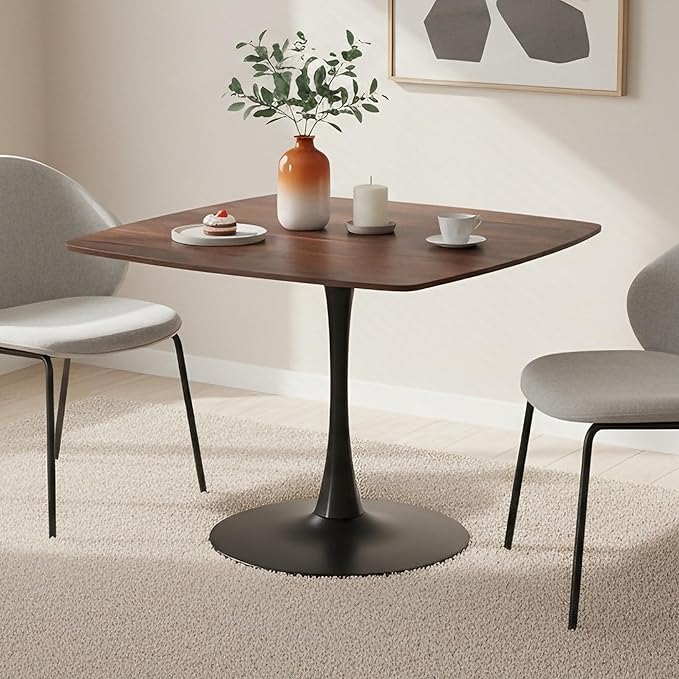 Square Dining Table,42.1" Tulip Table with Metal Pedestal,15-Minute Quick Assembly,Mid Century Modern Leisure Table for Kitchen Small Places Cafe (Faux Walnut)