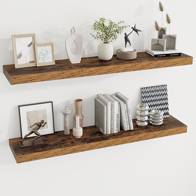 Dreamland 48 inch Floating Shelves for Wall Large Wall Mounted Shelves with Invisible Brackets, Brown Long Shelves for Bathroom, Living Room, Kitchen, Office, 48x9.1 inch deep Set of 2