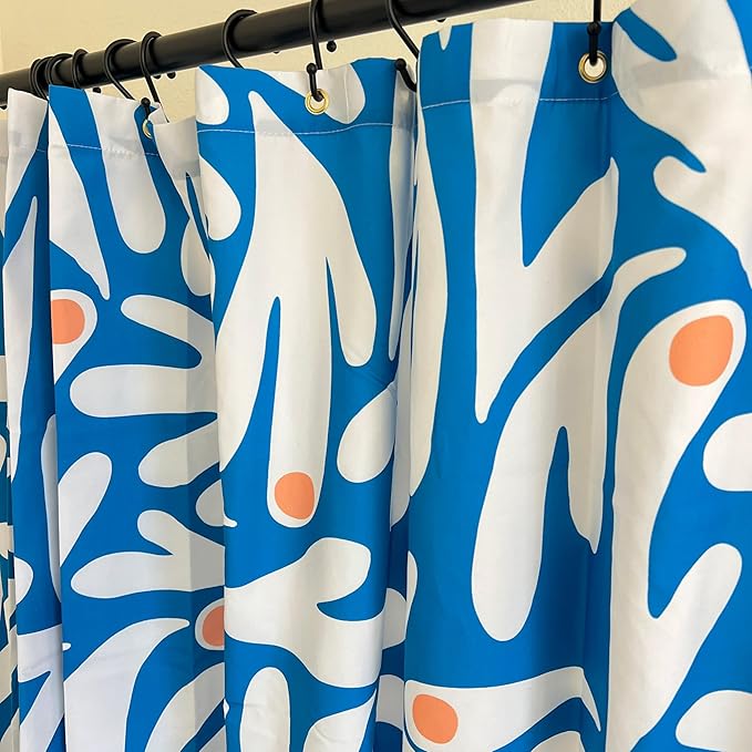 Matisse Blue and White Boho Modern Fabric Shower Curtain, Abstract Floral Art Shower Curtain, 72x72 Inches (Matisse)