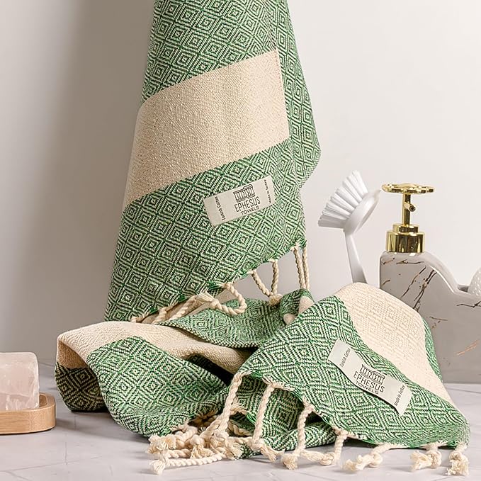 Hand Towels - Set of 2 | 18" x 30" - Decorative Turkish Hand Towel for Bathroom, Kitchen, Guest, Face, Hair, Tea, Dishcloth (Diamond, Apple Green)