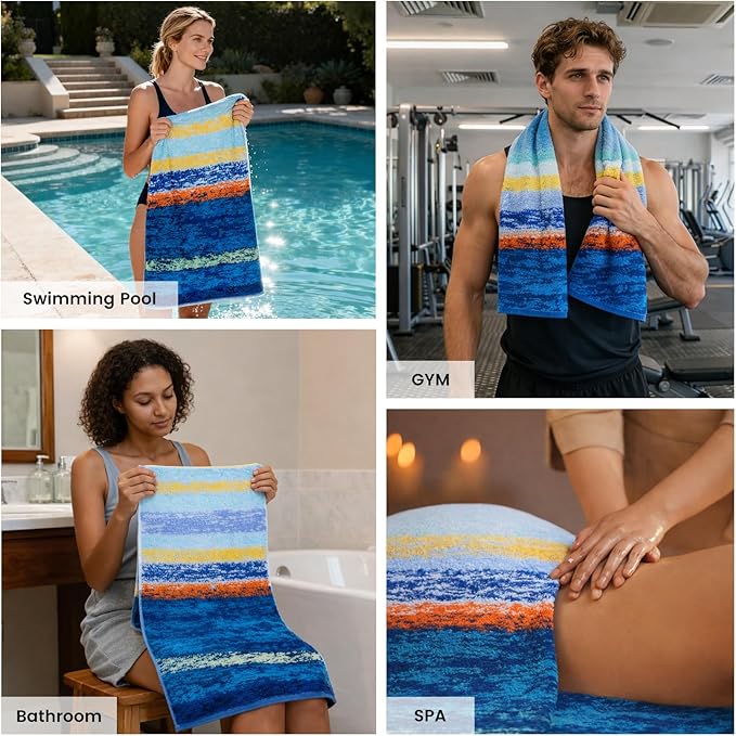 SEMAXE Bath Towel Set of 8 Include 2 Bath Towels, 2 Hand Towels, 4 Washcloths, 100% Cotton Bathroom Towels with Hanging Loops and Nano-Bio Lifecycle Labels,Colorful Towel - The Starry Night Collection