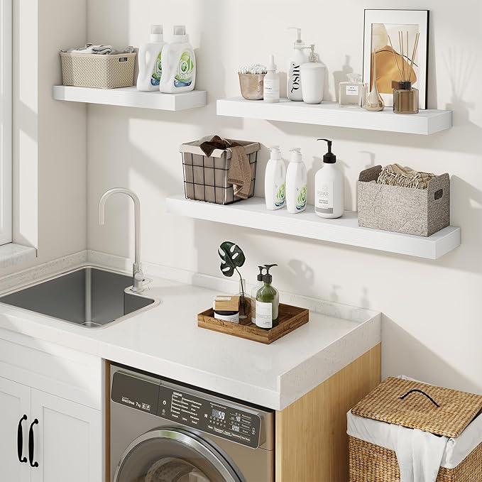 fuqing Floating Shelves for Wall, Wall Mounted Wood Floating Shelf with Invisible Brackets for Living Room, Bathroom, Bedroom, Kitchen Storage and Decor, 30 Inch Set of 2, White
