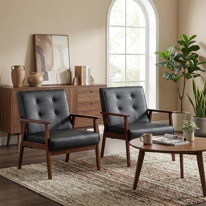 JIASTING Mid-Century Retro Modern Accent Chair Wooden Arm Upholstered Tufted Back Lounge Chairs Seat Size 24.4" 18.3" (Deep) (Square Leg Black)