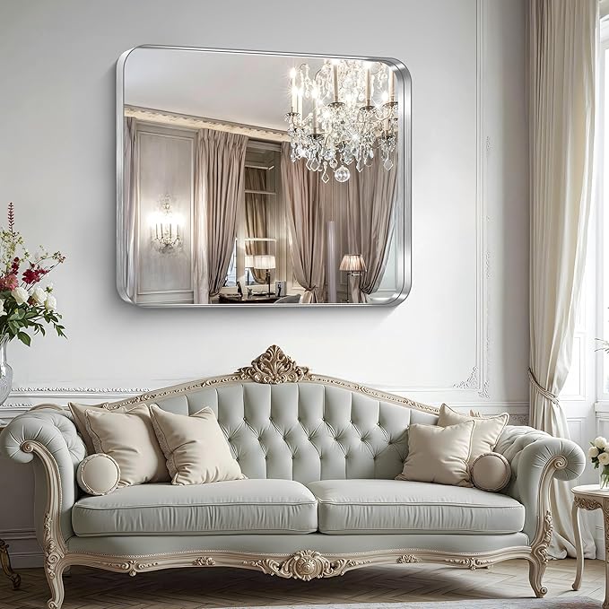 CIRCUMI Silver Bathroom Mirror, 40"x48" Rectangular Mirror with Deep Metal Frame, Rounded Corner, Tempered Glass, Large Mirror for Wall, Over 2 Sinks, Installed Vertically/Horizontally, Crystal-Clear