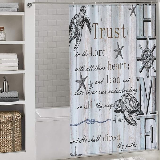 Inspirational Quote Navigation Shower Curtain Starfish Sea Turtle Rudder Home Waterproof Shower Curtains for Bathroom Decor 12 Pack Hooks 55x72in（140x183cm）