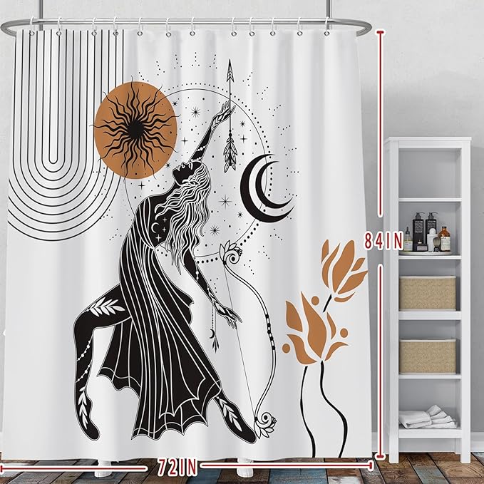 Baocicco Boho Shower Curtain Sun Moon Women Bow and Arrow Plants Modern Geometric Shower Curtains Decorative for Bathroom Waterproof Fabric Shower Curtain with Hooks 72x84 Inches