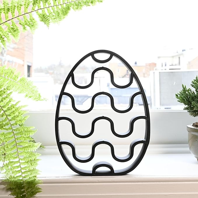 Easter Egg Sculpture – Minimalist Decorative Accent for Spring & Year-Round Home Decor | Collectible Design | Modern Holiday Display (Chevron Stripes Matte Black)