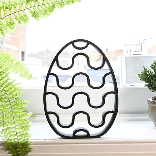 Easter Egg Sculpture – Minimalist Decorative Accent for Spring & Year-Round Home Decor | Collectible Design | Modern Holiday Display (Chevron Stripes Matte Black)