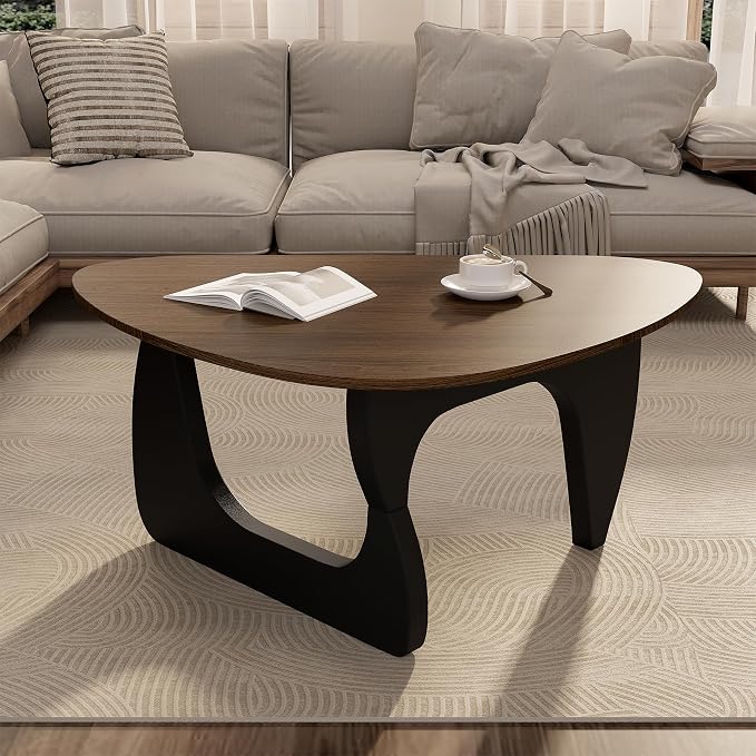 Modern Wood Coffee Table, Triangle Center Table with Premium Wooden Top& Unique Base, 35.5” Small Mid Century Tea Tables for Living Room, Apartment, Office,Walnut & Black