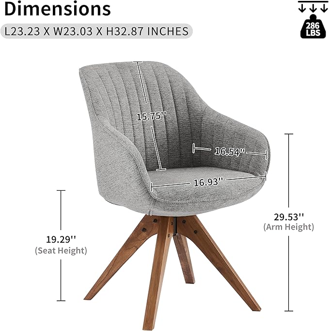 Art Leon Desk Chair - Mid Century Modern Office Chair No Wheels, Swivel Accent Chair with Oak Wood Legs, Fabric Upholstered Arm Chair, Gray