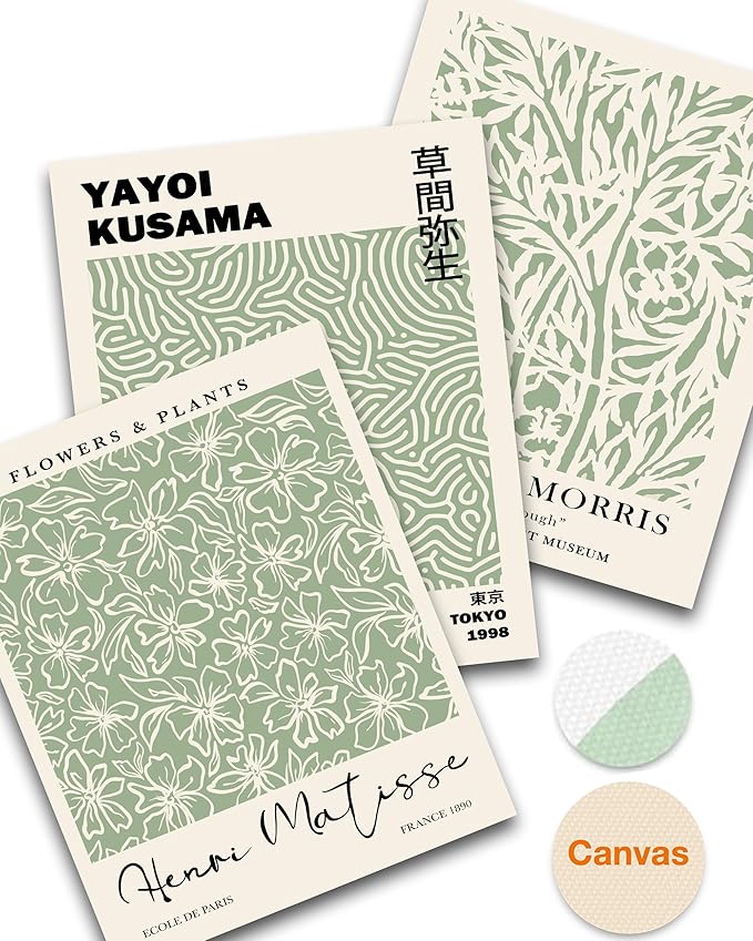 HesenDot Matisse Sage Green Wall Art Set of 3,William Morris Wall Art Decor,12x16IN Truly Quality Canvas Wall Art Pictures,Yayoi Kusama Print, Unframed Fabric wall art,Art poster decoration for