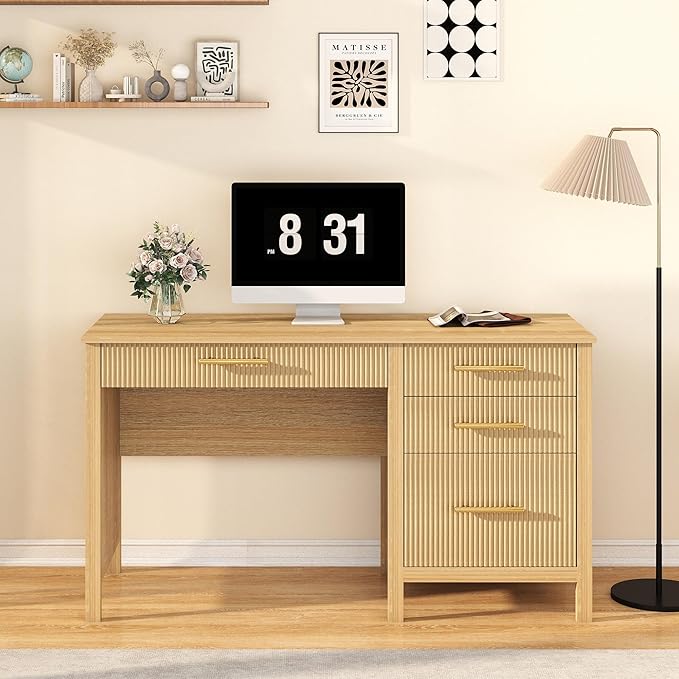 Modern Executive Desk with Drawers: 54" Oak Home Office Desks with File Drawers, Wood Fluted Computer Writing Desk for Work, Study, and Living Room (54")