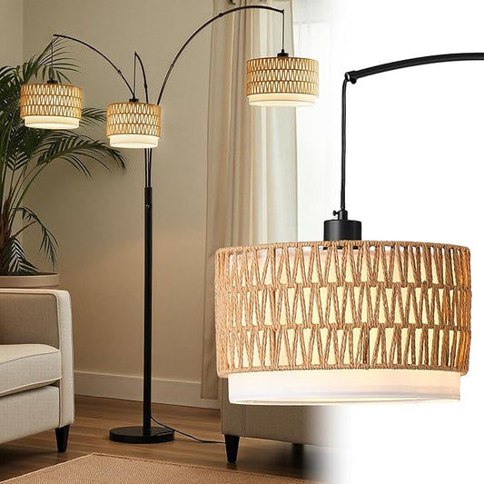 Arc Floor Lamp for Living Room, 80 Inch Rattan Floor Lamp with Rotary Switch, 3 Lights Boho Tall Lamp with Wicker Shade for Coastal,Bohemian,Tree Farmhouse Standing Lamp