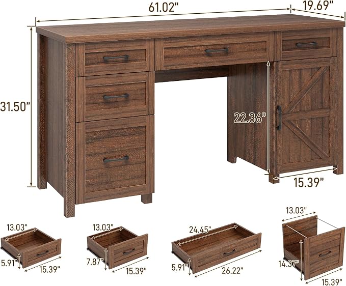 Vabches Farmhouse 61'' Executive Desk with 5 Drawers, Rustic Office Desk Computer Desk, File Drawers and Storage Cabinet, Wood Workstation for Study and Home Office. (Red-Brown)
