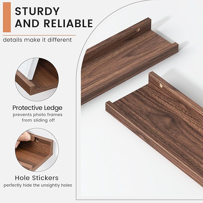 48 Inch Walnut Modern Wall-Mounted Wooden Picture Ledge Bookshelf Set of 4, Floating Shelves