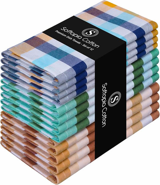 Checked Kitchen Dish Towels 12 Pack Combo, 18"x26", Quick Dry Wash Rags, Reusable Dishcloths, Absorbent Hand Towel - Mint Green, Water Green, Indigo Blue, Mustard Yellow, Brown, Beige