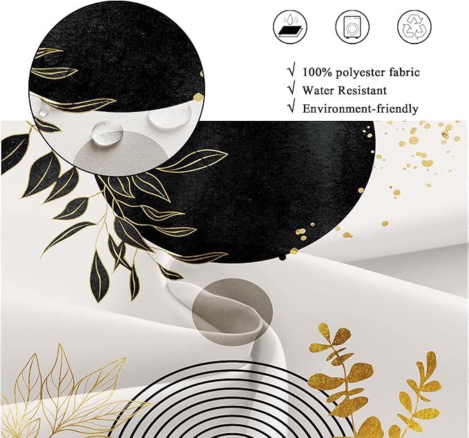 Riyidecor Black Gold Extra Long Shower Curtain for Bathroom Decor 72Wx84H Boho Mid Century Modern Abstract Gold Leaves Minimalist Geometric Art Printed Fabric Polyester Waterproof 12 Pack Plastic Hook